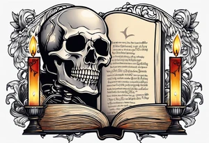 skeleton reading a holy bible by candle light tattoo idea
