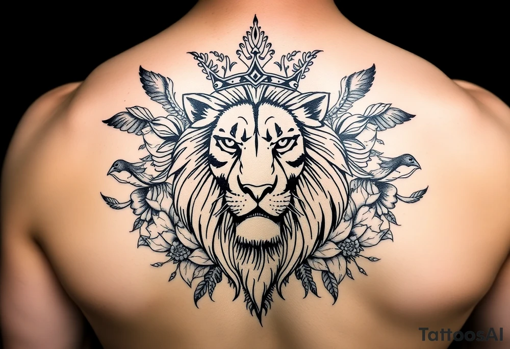 powerful majestic lion with a crown, surrounded by floral ornaments and birds tattoo idea