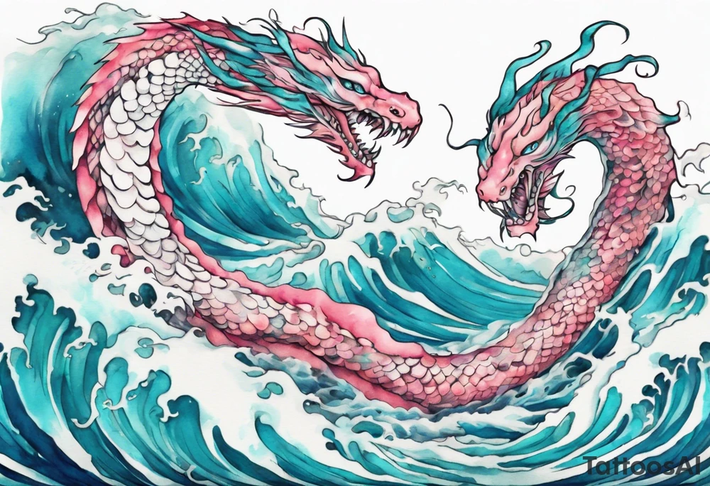 a turquoise and white and pink pretty sea serpent rising from the blue waves of the ocean tattoo idea