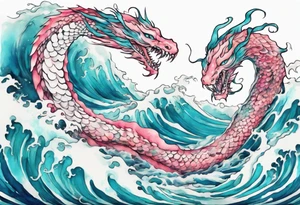 a turquoise and white and pink pretty sea serpent rising from the blue waves of the ocean tattoo idea