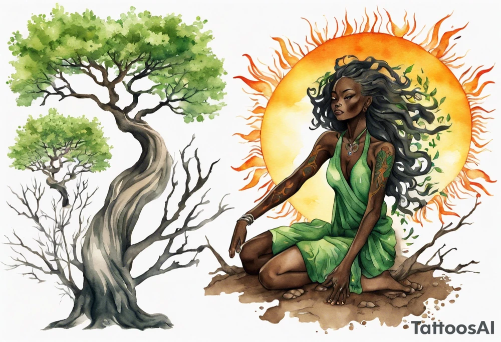 A solitary tree woman with dark skin with green eyes with feet planted in the dirt and branch arms reaching up towards the blazing sun above her tattoo idea