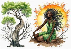 A solitary tree woman with dark skin with green eyes with feet planted in the dirt and branch arms reaching up towards the blazing sun above her tattoo idea