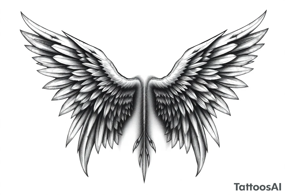 Realistic long angelwings on a back tattoo idea