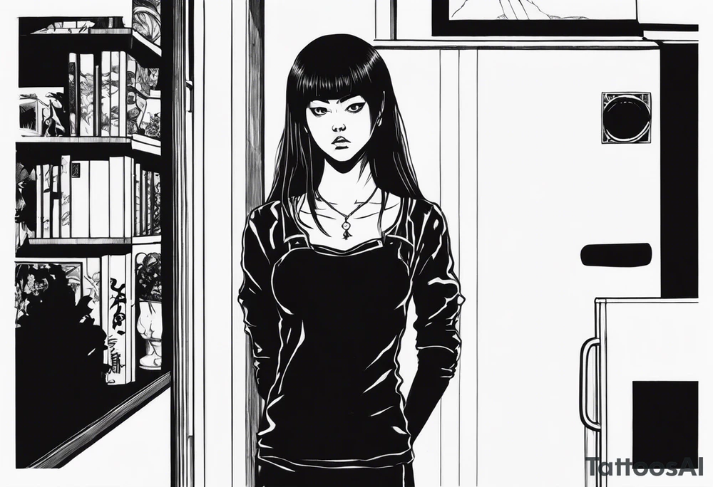 portrait of tomie standing up a character by the horror manga author junji ito full body standing murderously. add more horror and gore elements tattoo idea