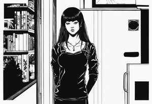 portrait of tomie standing up a character by the horror manga author junji ito full body standing murderously. add more horror and gore elements tattoo idea