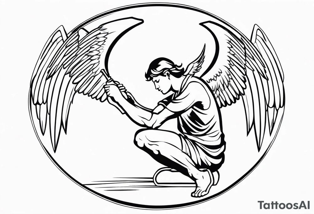 side view of crouched male angel holding shield tattoo idea