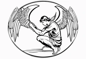 side view of crouched male angel holding shield tattoo idea