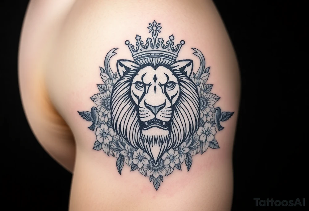 powerful majestic lion with a crown, surrounded by floral ornaments and birds tattoo idea