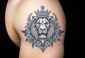 powerful majestic lion with a crown, surrounded by floral ornaments and birds tattoo idea