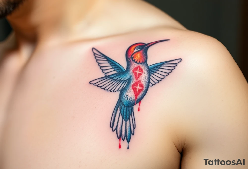 A hummingbird made of sand and hieroglyphs(only red , blue and black are possible colors) tattoo idea