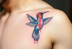 A hummingbird made of sand and hieroglyphs(only red , blue and black are possible colors) tattoo idea