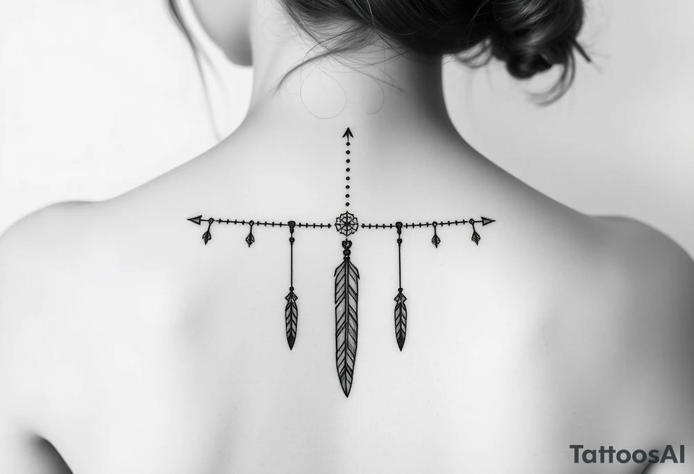 Thin vertical memorial chain of symbols symbolizing loss, a brother and sister bond, and strength in a native ornament style following down the spine in with 3 vertical different lengths flowing lines made of a discreet connection of morse code ".--- .- --.     .-.. ... -.- .- .-.   -.. .. --.     .-.. .. .-.. .-.. . -... .-. --- .-. forming 3 arrow shapes connected to 3 flowing feathers hanging from the end of the morse code lines tattoo idea