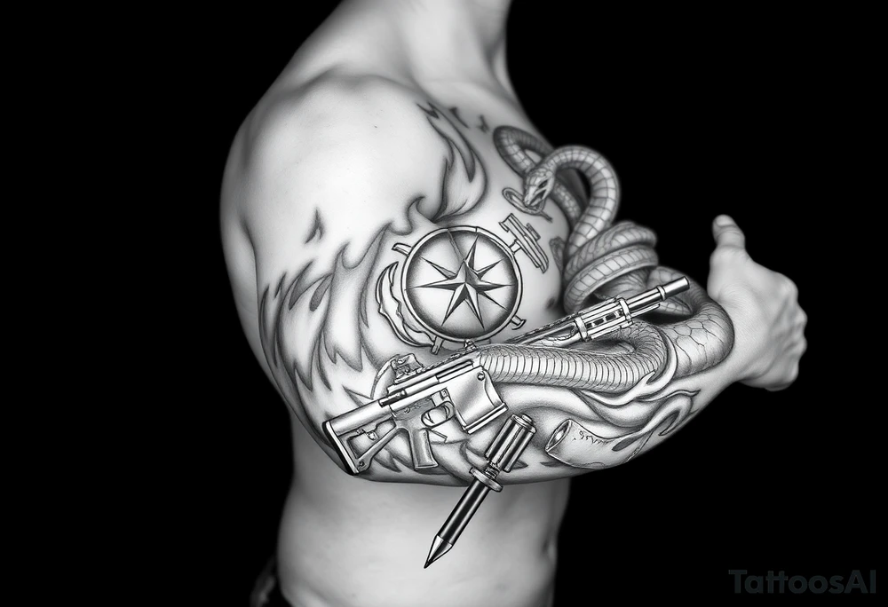 I want a full sleeve from shoulder to wrist. I want to incorporate a firefighter and Marine corps logo. I like snakes, rifles, guns, flames tattoo idea