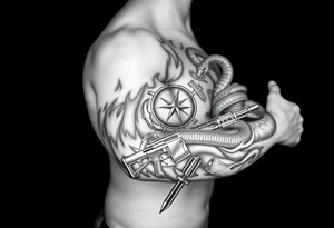I want a full sleeve from shoulder to wrist. I want to incorporate a firefighter and Marine corps logo. I like snakes, rifles, guns, flames tattoo idea