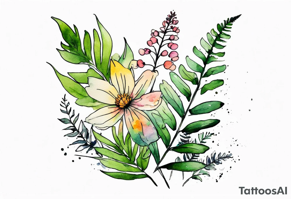 vertical mixed wildflower with ferns and with watercolor tattoo idea