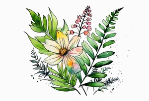 vertical mixed wildflower with ferns and with watercolor tattoo idea