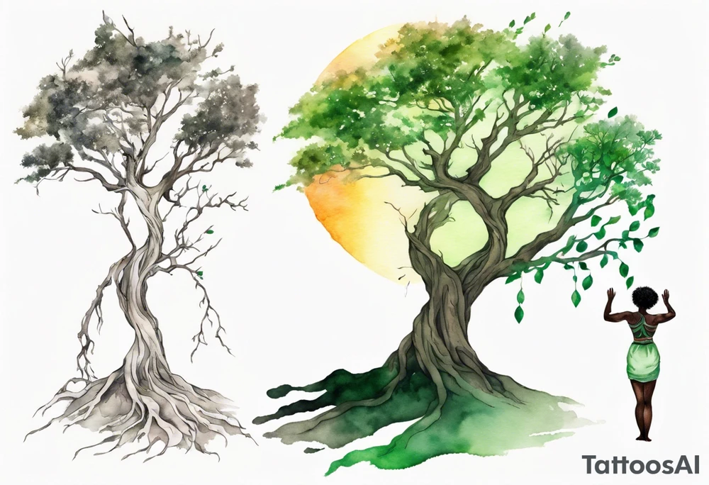 A solitary tree woman with dark skin with green eyes with feet planted in the dirt and branch arms reaching up towards the sun tattoo idea
