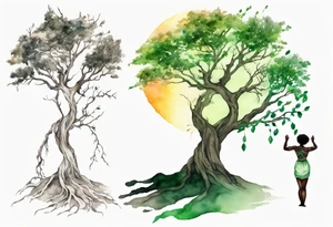 A solitary tree woman with dark skin with green eyes with feet planted in the dirt and branch arms reaching up towards the sun tattoo idea