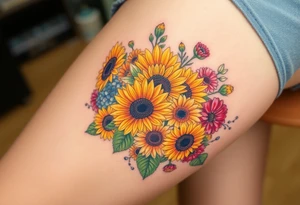 Bouquet of sunflowers, water Lillies, dahlias, marigolds, carnations, hydrangeas, daisys, and chrysanthemums tattoo idea