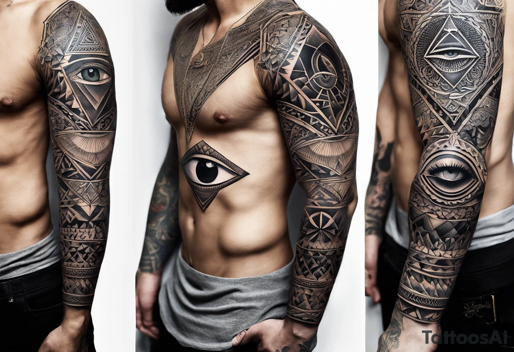 A full tattoo sleeve designed with a masculine and striking aesthetic, featuring a central motif of a beautifully detailed eye inside a triangle, symbolizing the all-seeing eye or third eye. This eye is depicted with intricate detailing, conveying depth and a sense of profound insight. The triangle around the eye is sharp and precise, emphasizing the symbolism of enlightenment and perception. Surrounding this central element, incorporate roses and leaves, each rendered with a bold and refined style. The roses, rich in detail, represent beauty and resilience, while the leaves add a touch of natural elegance. Integrate these floral elements into an ordered geometric pattern that complements and frames the central eye. The geometric patterns should be clean and structured, creating a harmonious contrast with the organic shapes of the roses and leaves. The overall design features strong contrasts and dark shading to highlight the details and enhance the visual impact, resulting in a powerful, masculine sleeve with a balanced blend of symbolism and aesthetics tattoo idea