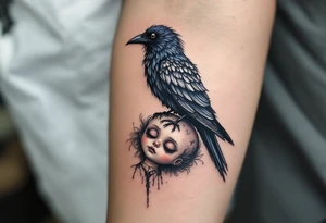 Tim Burton’s stitched raven perches on a broken doll’s head, feathers tinted in dull blues and grays. tattoo idea