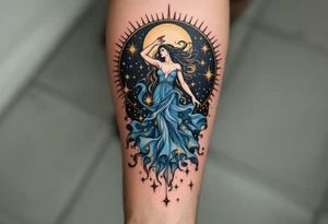 Alfons Mucha’s celestial maiden in a sky-blue dress, encircled by radiant golden sunbursts and stylized stars. tattoo idea