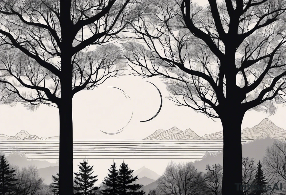 The tattoo will be a unique horizontal image. At the base, there will be a thin line to symbolize the horizon. Above it, various trees in silhouette with delicate details, representing different species, including oaks and pines among others, will be distributed along the horizon. The trees need to be interspersed with open spaces, creating a play of light and shadow. On the horizontal line, just after the sequence of trees starting from the left to the right, I would like to include a cabin with a small mountain behind it. tattoo idea