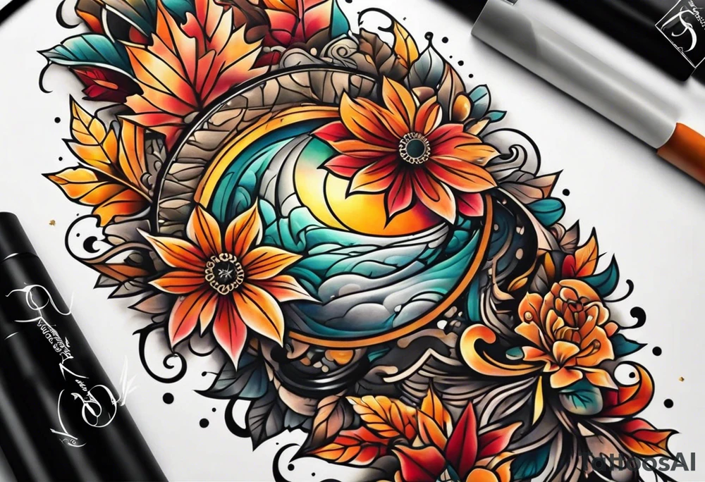 Arm Sleeve Tattoo with fall colors flat tattoo idea