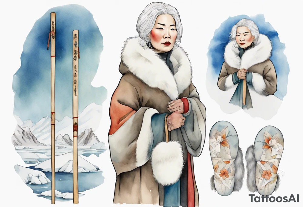 a middle aged Inuit woman with white hair, wearing fur mittens, holding a white staff, wearing mukluks, standing on an iceberg tattoo idea