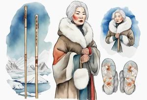 a middle aged Inuit woman with white hair, wearing fur mittens, holding a white staff, wearing mukluks, standing on an iceberg tattoo idea