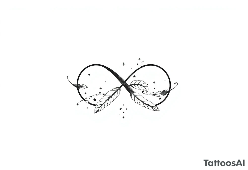 infinity symbol woven with floating feathers and stardust tattoo idea