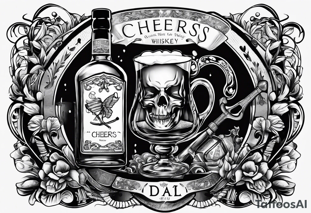 Cheers Mate text, armband +Cancer Ribbon  + bourbon whiskey glass tattoo idea
