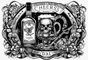 Cheers Mate text, armband +Cancer Ribbon  + bourbon whiskey glass tattoo idea