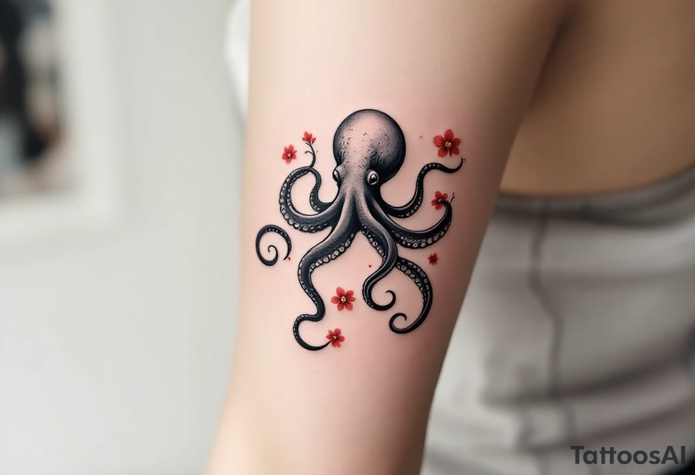 A small realistic black and grey tattoo of an octopus, cute, with detailed shading and soft linework, showing the octopus with swirling tentacles, on light skin. ornamental flowers around with red ink. The style is minimalistic and elegant, resembling fine-line tattoo with a shadow tattoo idea