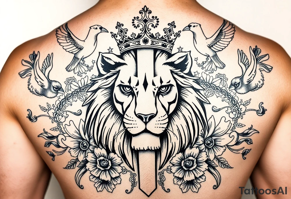 a cross in the baclkround of a powerful majestic lion with a crown surrounded by throrns, floral ornaments and birds tattoo idea
