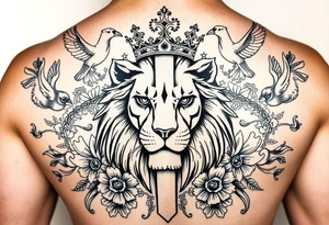 a cross in the baclkround of a powerful majestic lion with a crown surrounded by throrns, floral ornaments and birds tattoo idea