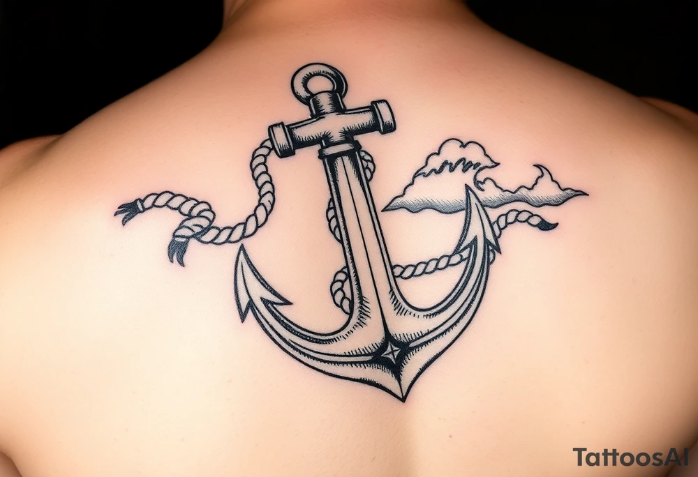 weathered anchor wrapped in nautical rope with sea waves tattoo idea