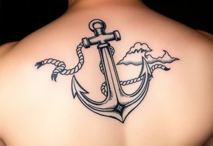 weathered anchor wrapped in nautical rope with sea waves tattoo idea