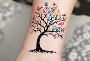 Bare tree with colored handprints on the trunk, each handprint labeled with a name and year: “Martin 2015,” “Olivie 2012” etc. Bright primary colors for prints on a black-ink tree. tattoo idea