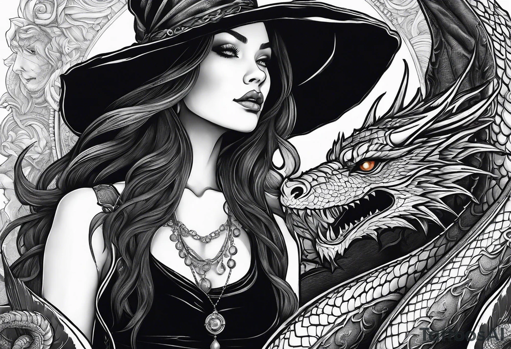 Witch in profile
surrounded by books and dragon tattoo idea Witch in profile
surrounded by books and dragon tattoo idea