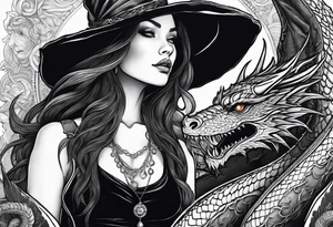 Witch in profile 
surrounded by books and dragon tattoo idea