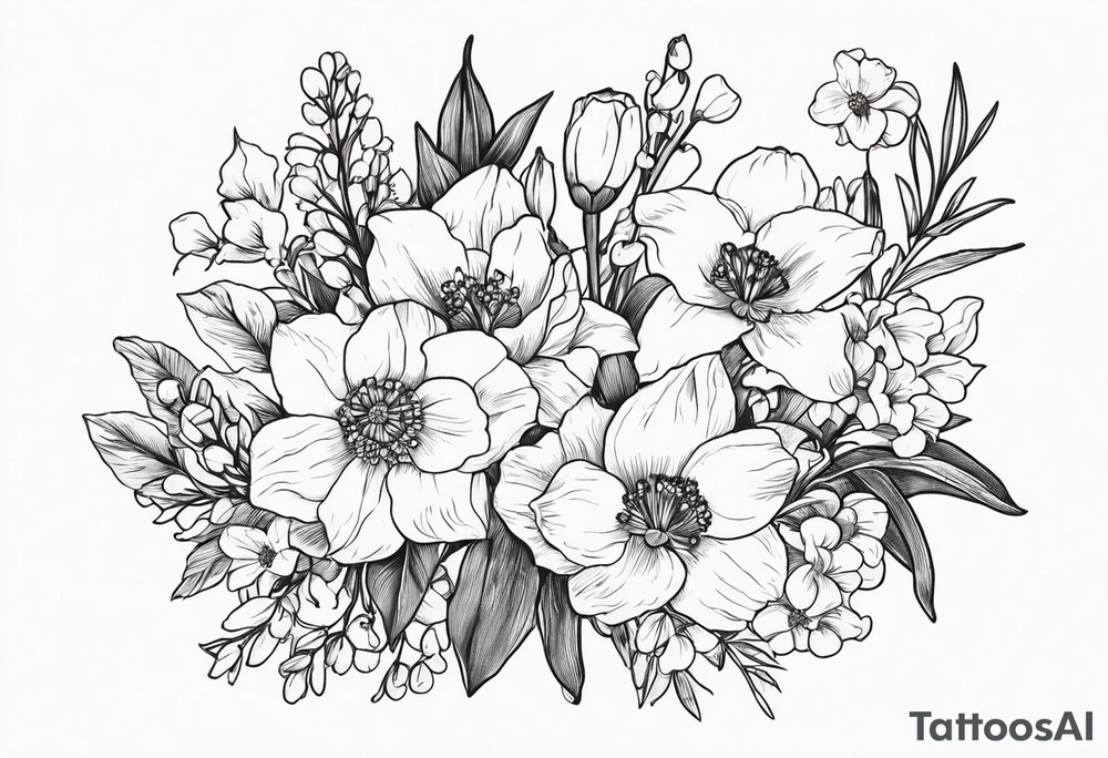 Poppy, larkspur, marigold, Lily of the valley, daffodil, flower bouquet, portrait style tattoo idea