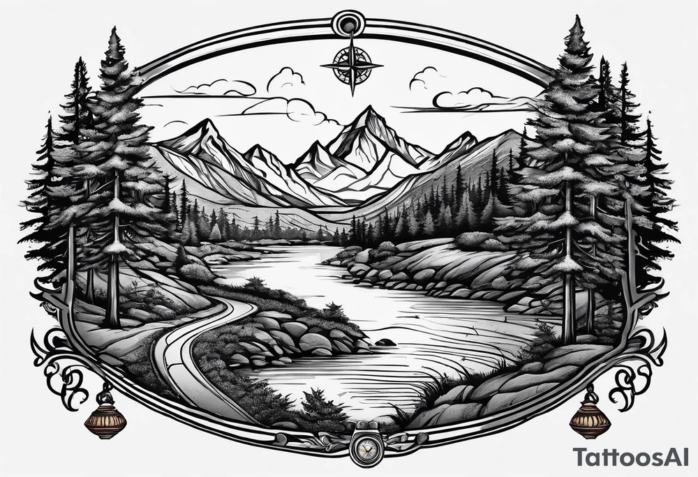 Road, mountain, trees, river, compass tattoo idea