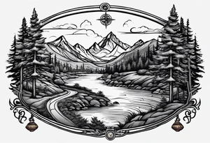 Road, mountain, trees, river, compass tattoo idea