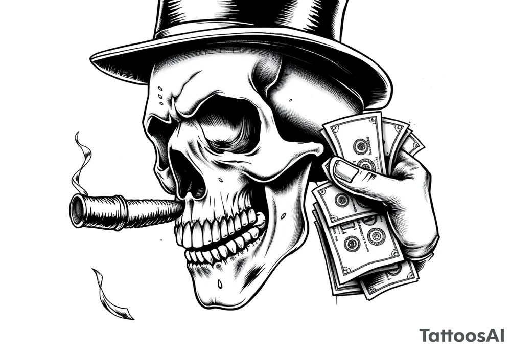 skull with mustache,a big cigar in his mouth,a top-hat on his head and alot of money in a hand. tattoo idea