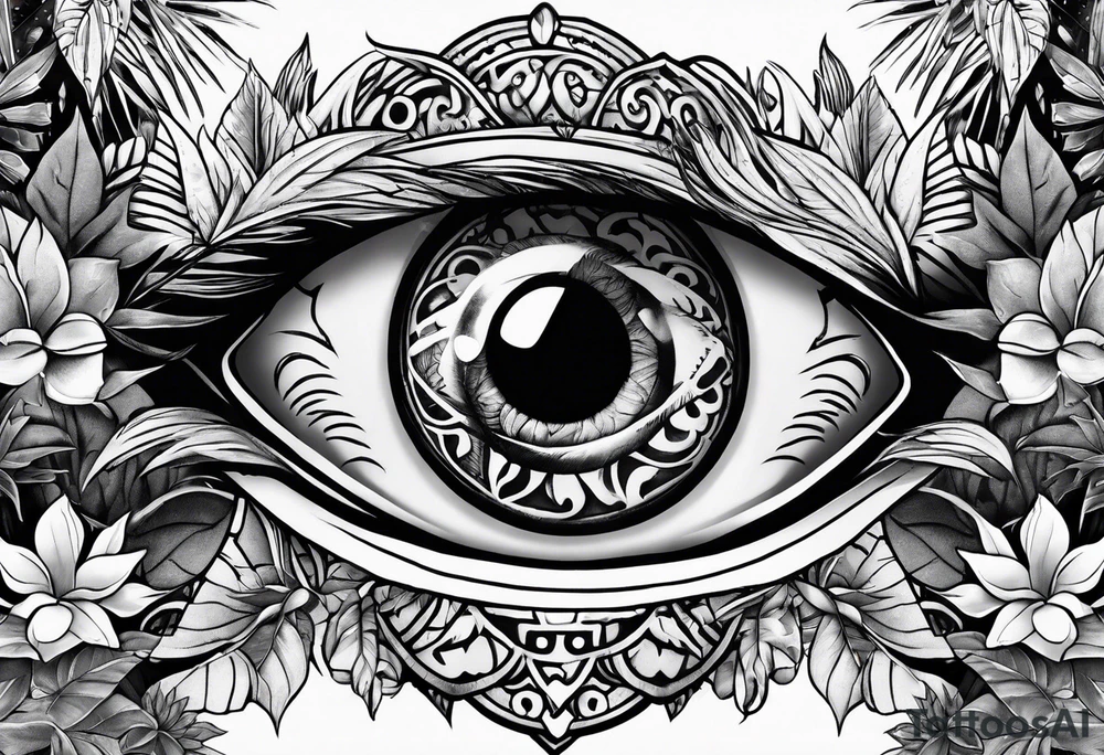 sleeve tattoo with all-seeing eye and jungle plants tattoo idea