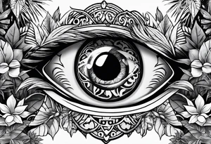 sleeve tattoo with all-seeing eye and jungle plants tattoo idea