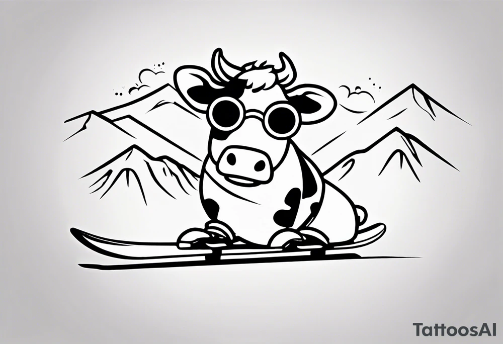 Create a minimalist and dynamic black and white tattoo design featuring a cheerful cow engaged in a snowboarding activity, wearing goggles. Emphasize clean lines and essential details to capture the playful spirit of the scene. The cow should be depicted confidently snowboarding down a snowy slope, with a sense of balance and joy, and wearing stylish goggles. Pay attention to the composition, ensuring that the tattoo design is suitable for a small to medium-sized space. The goal is to convey a lighthearted and whimsical vibe with the addition of the goggles, making the design visually appealing and suitable for tattooing. tattoo idea