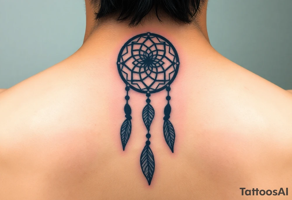 Neck piece with a beautiful dream catcher with 3 names attached to the leaves tattoo idea
