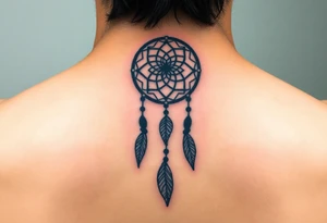 Neck piece with a beautiful dream catcher with 3 names attached to the leaves tattoo idea
